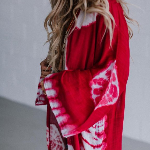 🚨 1 LEFT! JANIS Tie-Dye Longline Kimono w/Full Sleeves Berry - Picture 8 of 9
